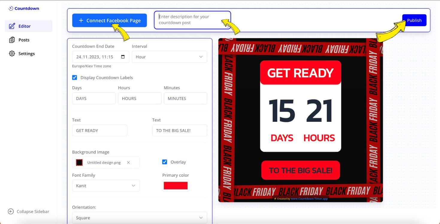 Connecting a Facebook page and adding a caption to publish the Black Friday countdown post.