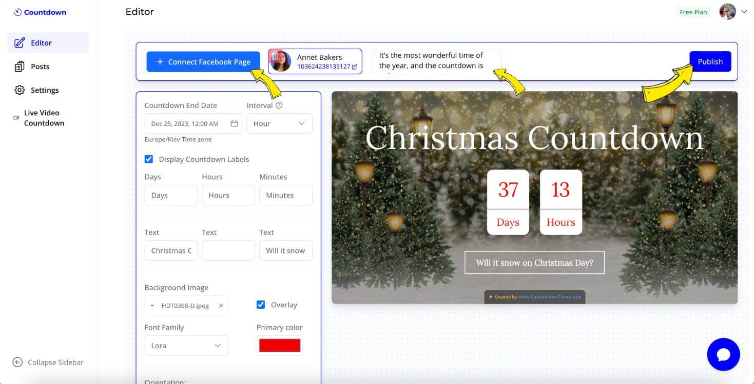 Interface for connecting Facebook Business Page and publishing countdown