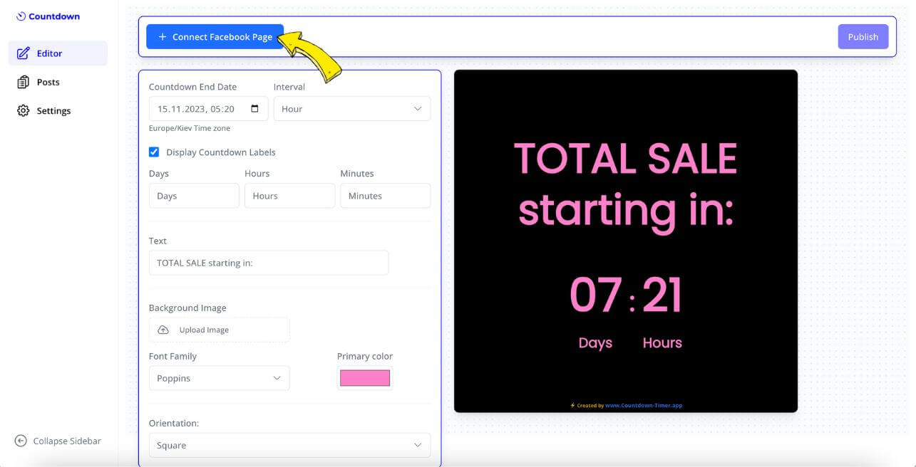 Connecting the countdown to a Facebook Business Page.